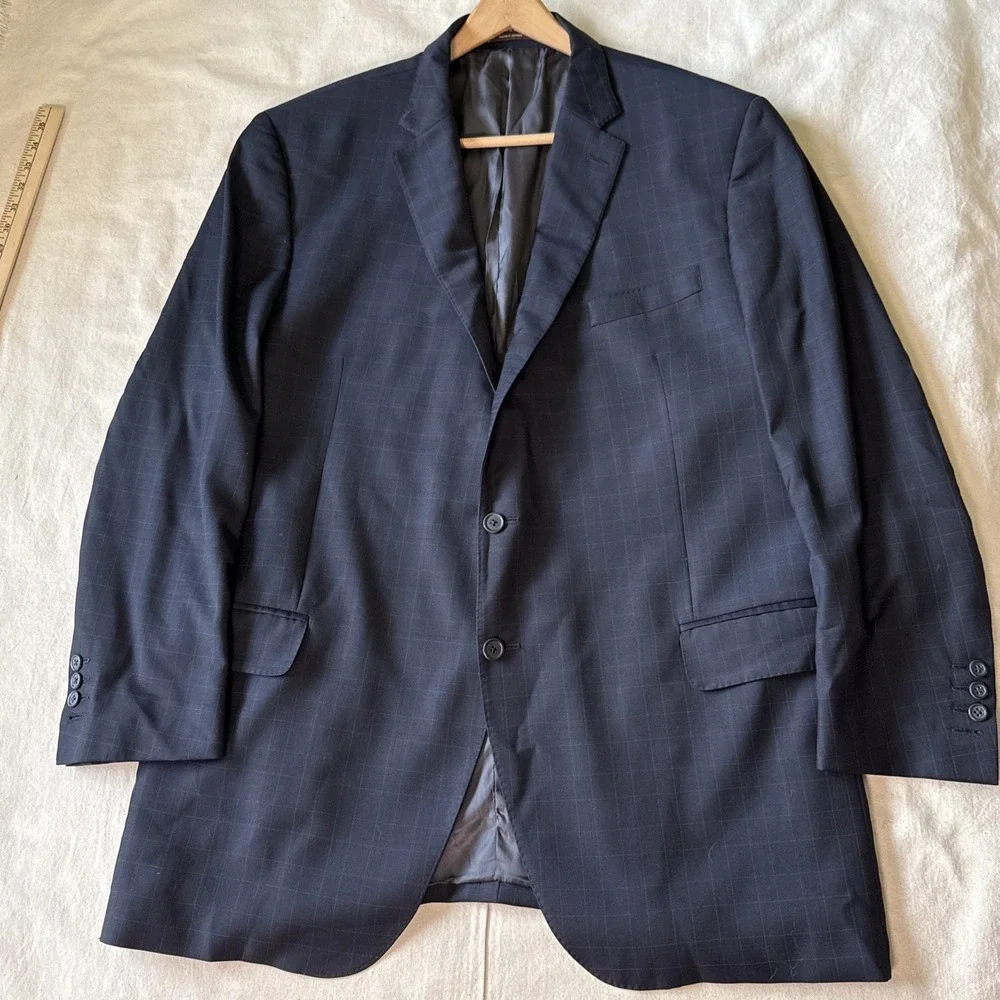 Peter Millar Crown Crafted Custom Men's Suit 44L Pants 40x31 Navy Wool Plaid